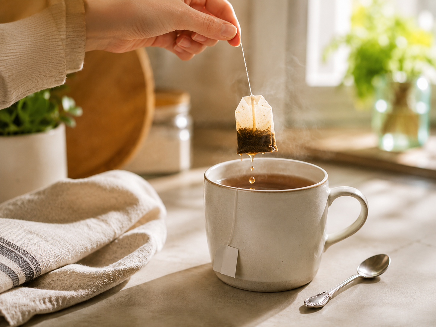 Tea bag dripping naturally above a cup of tea